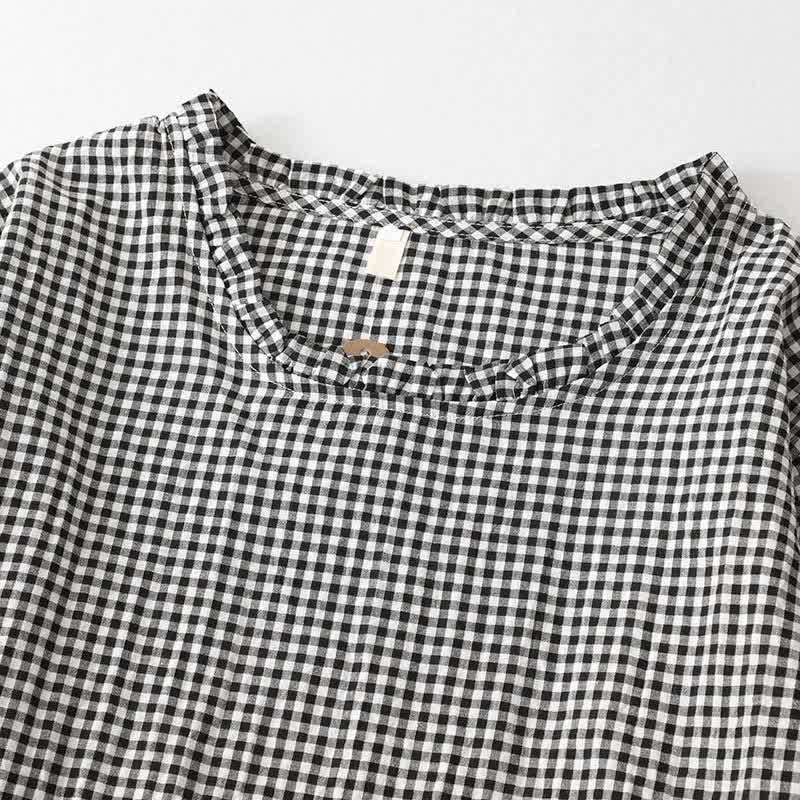 Nimara Ritual Spring Fall Casual Vintage Tiered Plaid Women's Long Sleeve Dress With Pocket