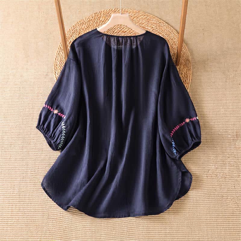 Nimara Ritual Spring Summer Boho Embroidery Floral Women's Short Sleeve Shirts