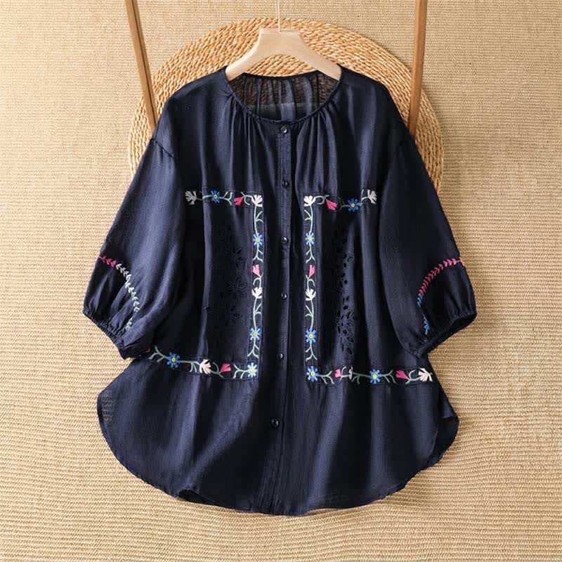 Nimara Ritual Spring Summer Boho Embroidery Floral Women's Short Sleeve Shirts