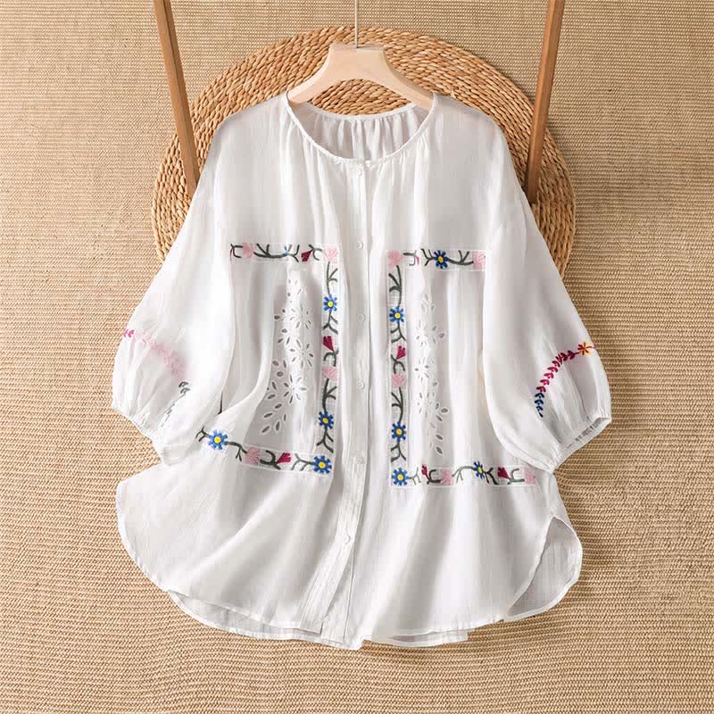 Nimara Ritual Spring Summer Boho Embroidery Floral Women's Short Sleeve Shirts