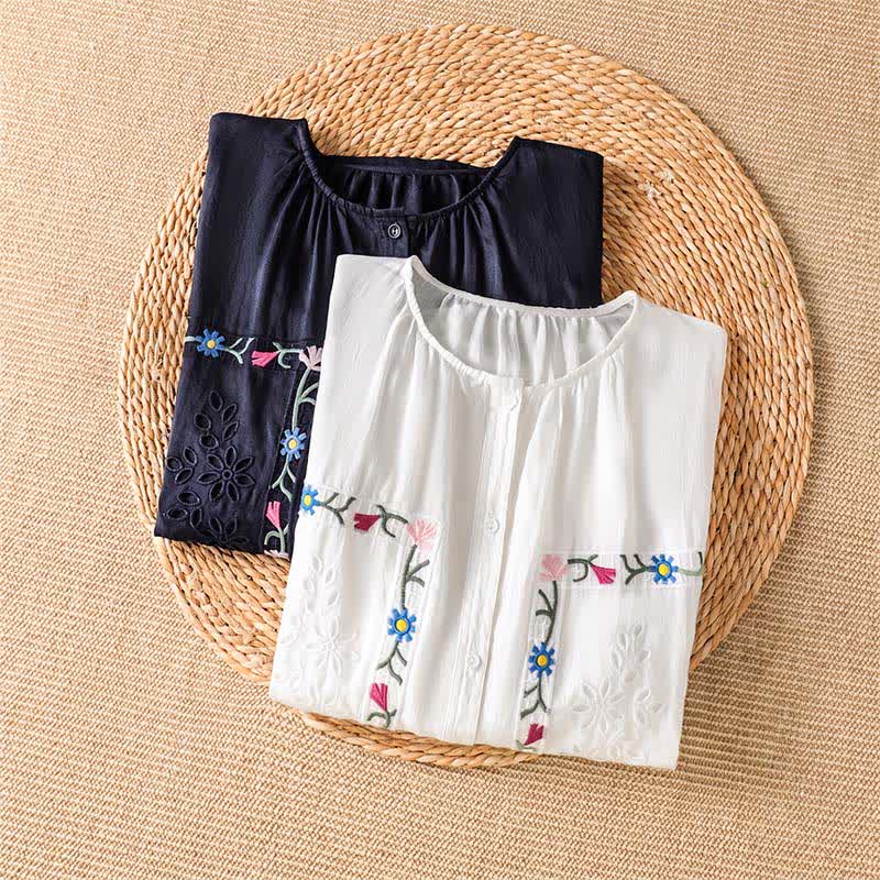 Nimara Ritual Spring Summer Boho Embroidery Floral Women's Short Sleeve Shirts