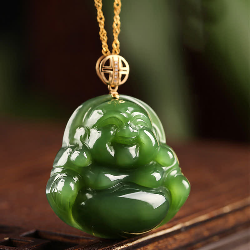 Nimara Ritual 925 Sterling Silver Laughing Buddha Hetian Cyan Jade 18K Gold Success Necklace Chain Pendant