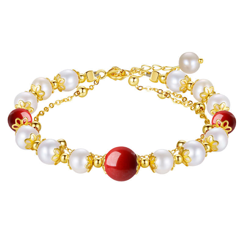 Nimara Ritual 925 Sterling Silver Pearl Cinnabar Wisdom Bead Double Layer Chain Bracelet