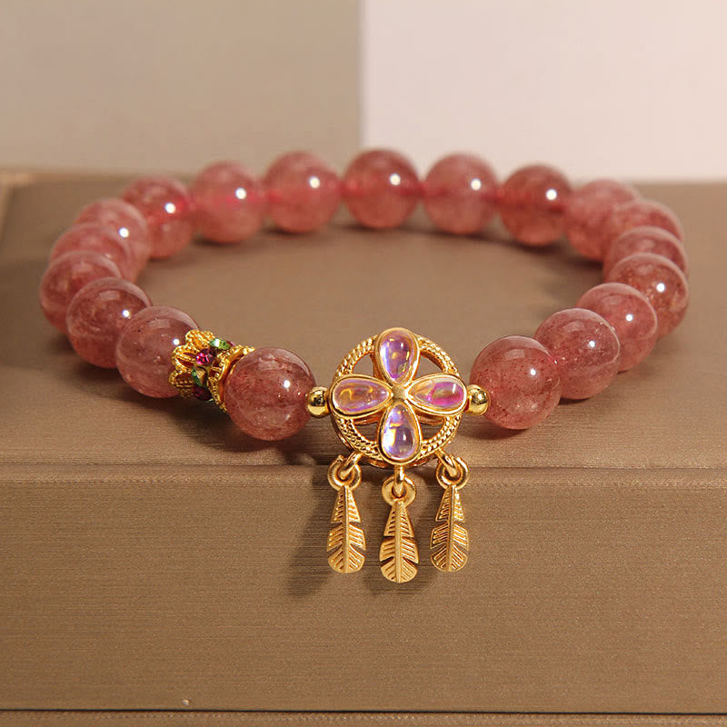 Nimara Ritual Natural Strawberry Quartz Four Leaf Clover Dreamcatcher Charm Love Bracelet