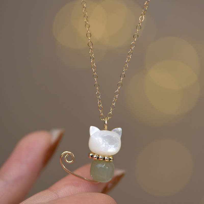 Nimara Ritual 14K Gold Plated Pearl Hetian Jade Shell Luck Cat Kitten Necklace Pendant