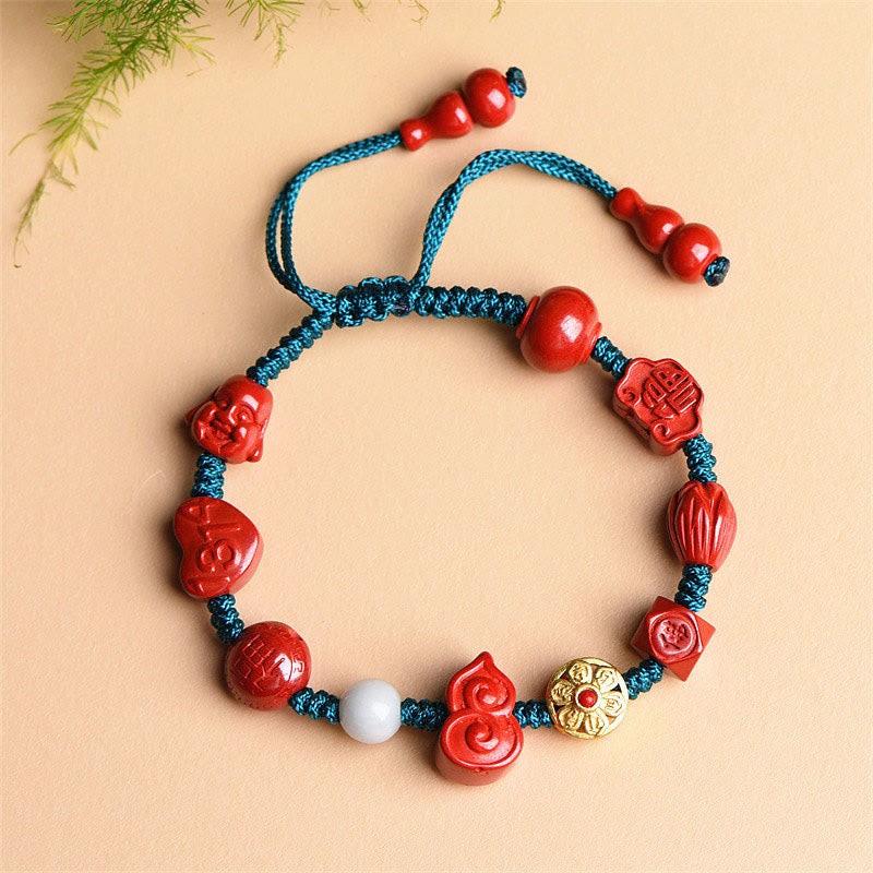 Nimara Ritual Natural Cinnabar Gourd Om Mani Padme Hum Laughing Buddha Blessing String Bracelet