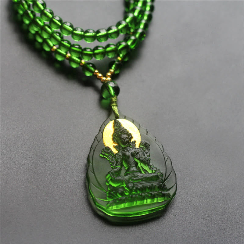 Nimara Ritual Tibetan Green Tara Buddha Gold Plated Liuli Crystal Protection Necklace Pendant