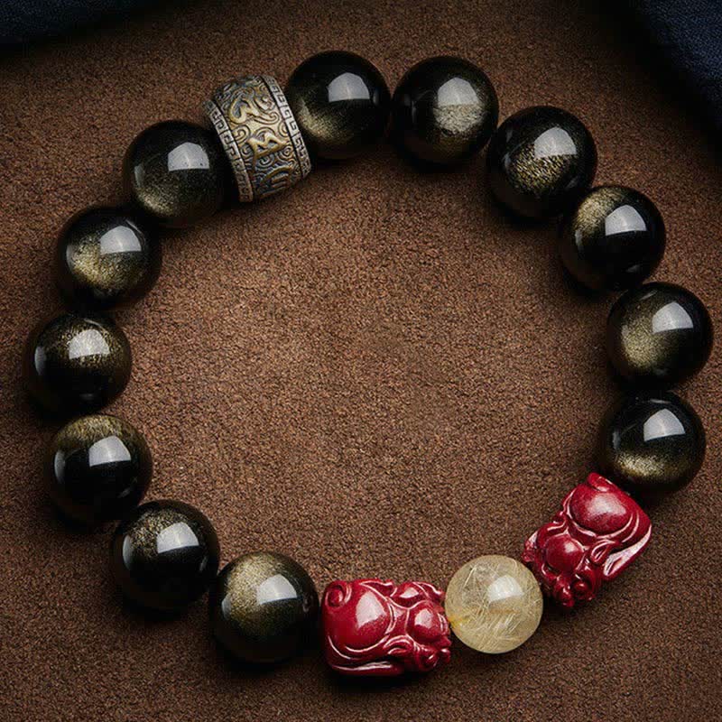 Nimara Ritual Gold Sheen Obsidian PiXiu Cinnabar Om Mani Padme Hum Protection Bracelet