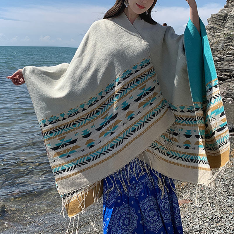 Nimara Ritual Tibetan Shawl Colorful Geometry Winter Cozy Travel Scarf Wrap