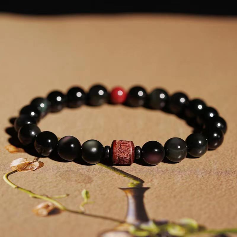 Nimara Ritual Natural Gold Sheen Obsidian Rainbow Obsidian Om Mani Padme Hum Fu Character Healing Bracelet