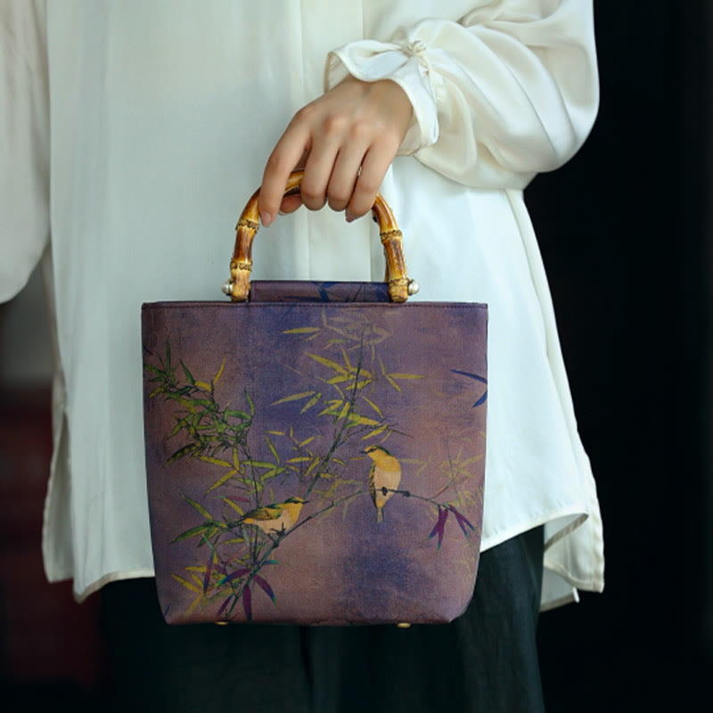Nimara Ritual Purple Magpie Birds Branches Bamboo Handles Handbag