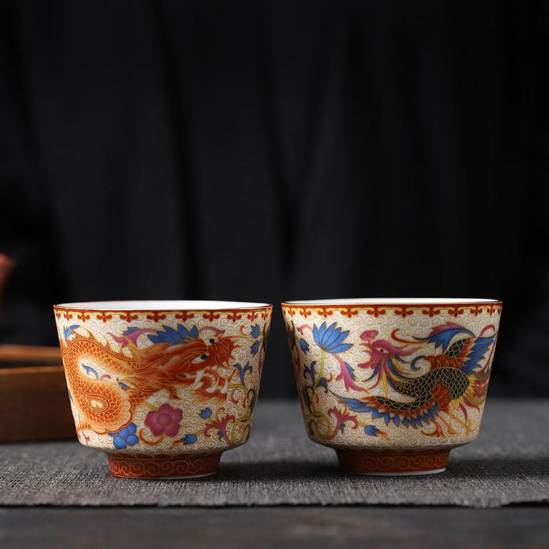 Nimara Ritual 2Pcs Dragon Phoenix Ceramic Teacup Kung Fu Tea Cups