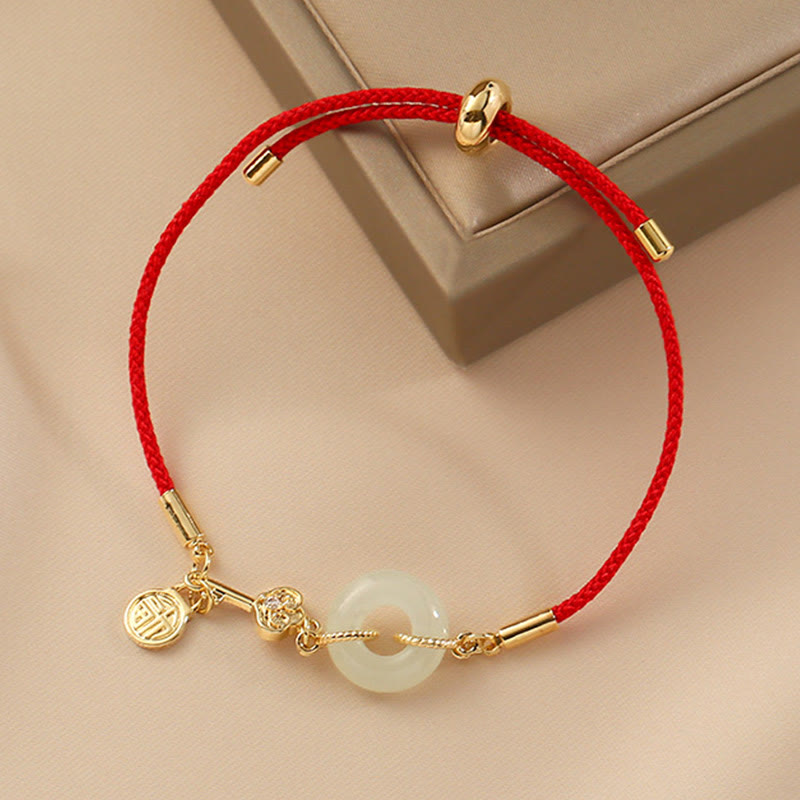 Nimara Ritual 18K Gold Plated Hetian Jade Peace Buckle Fu Character Luck Red Rope Bracelet