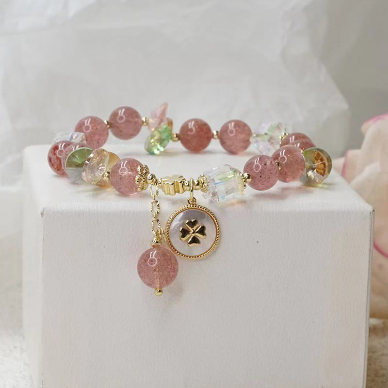 Nimara Ritual Strawberry Quartz Lucky Four Leaf Clover Healing Charm Bracelet