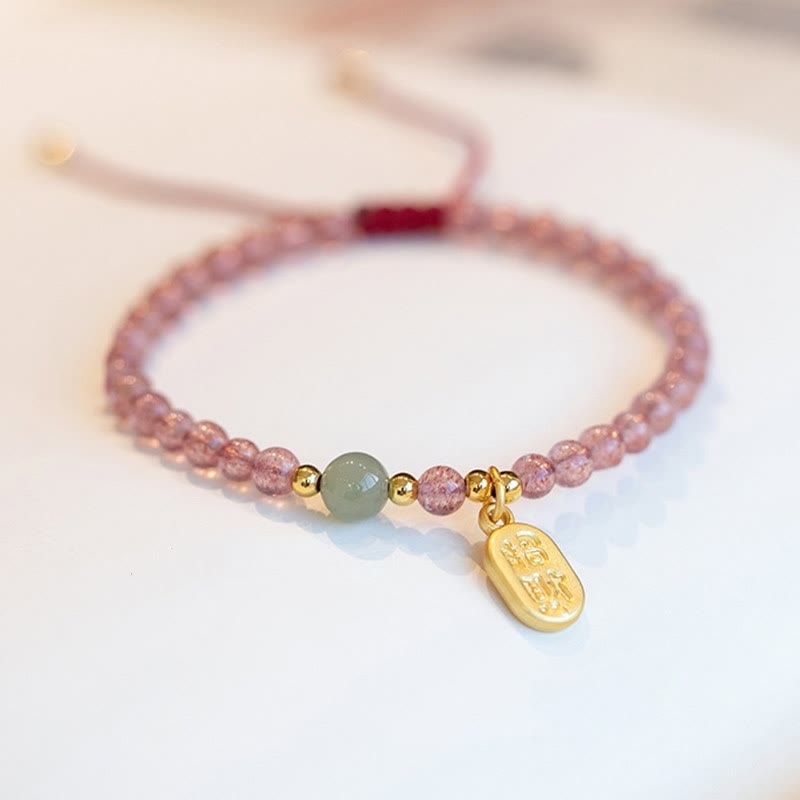 Nimara Ritual Natural Strawberry Quartz Garnet Jade Lucky Fortune Fu Character Healing Charm Bracelet
