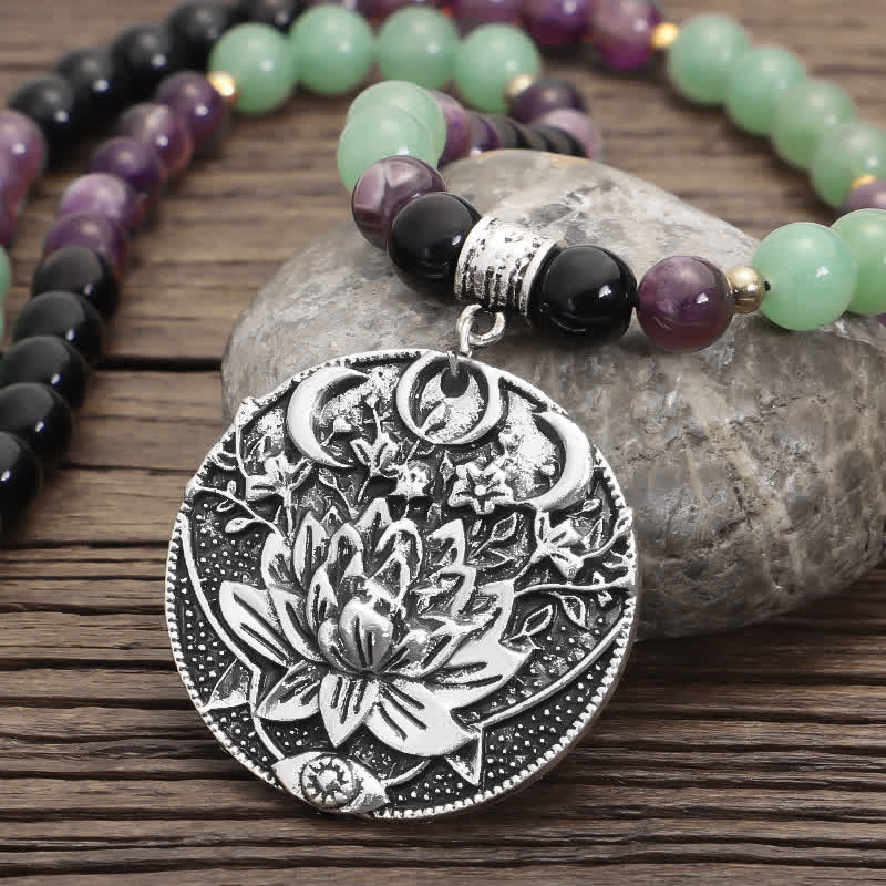 Nimara Ritual 108 Mala Beads Amethyst Green Aventurine Lotus Meditation Bracelet