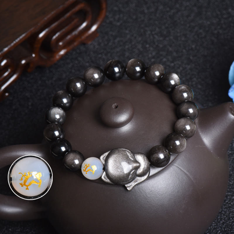 Nimara Ritual Natural Rainbow Obsidian Gold Sheen Obsidian Silver Sheen Obsidian Fox Healing Bracelet