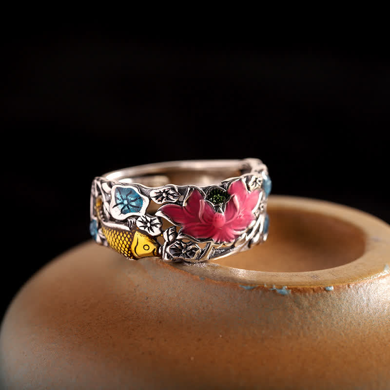Nimara Ritual 925 Sterling Silver Lotus Koi Fish Enlightenment Ring