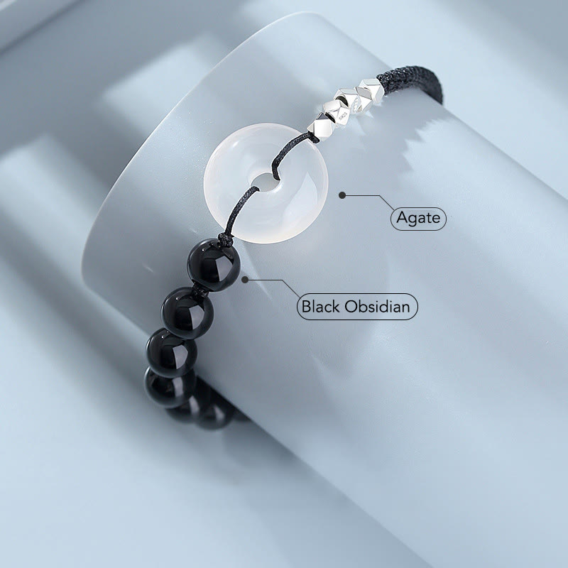 Nimara Ritual 925 Sterling Silver Black Obsidian Agate Peace Buckle Strength Bracelet