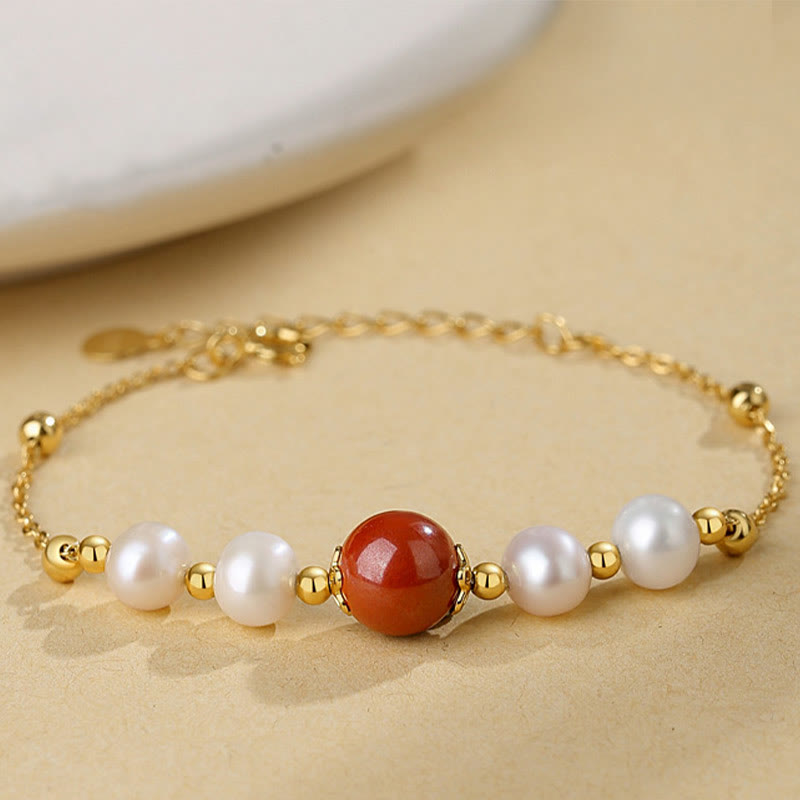 Nimara Ritual 925 Sterling Silver Pearl Cinnabar Healing Bead Chain Bracelet