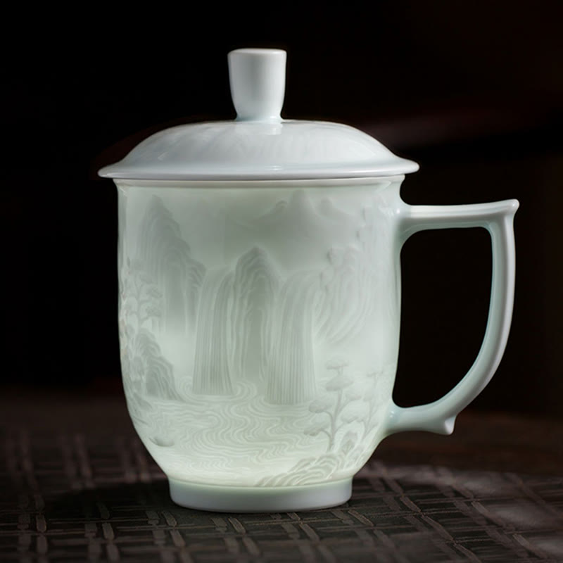 Nimara Ritual Jingdezhen White Porcelain Handmade Great Wall Landscape Engraved Ceramic Teacup Office Mug Tea Cups