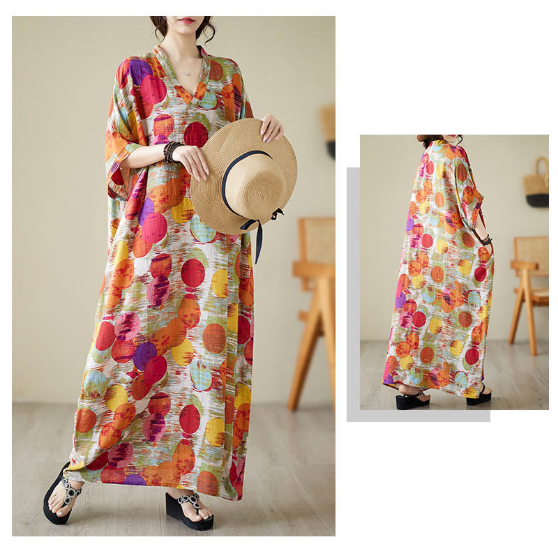 Nimara Ritual Orange Blue Colorful Polka Dots Midi Dress Cotton Half Sleeve Dress With Pockets