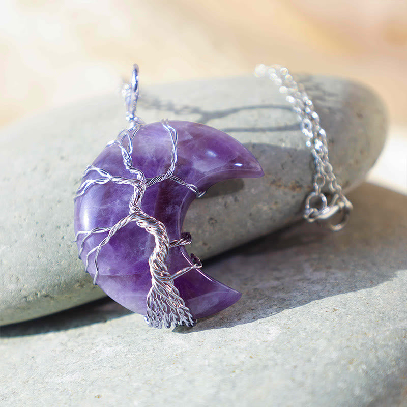 Nimara Ritual Natural Quartz Crystal Moon Tree Of Life Healing Energy Necklace Pendant
