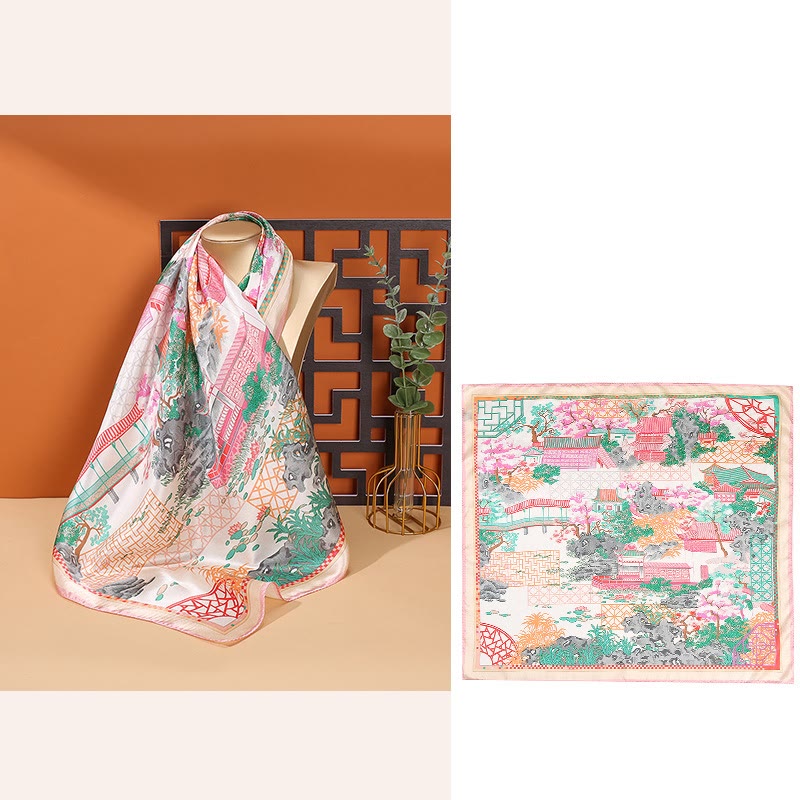 Nimara Ritual Pastoral Scene Hot Air Balloon Spring Blossom 100% Mulberry Silk Neck Hair Scarf