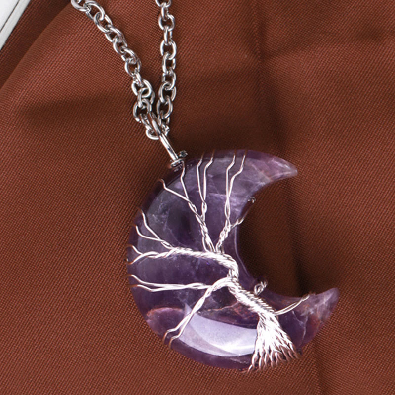 Nimara Ritual Natural Quartz Crystal Moon Tree Of Life Healing Energy Necklace Pendant