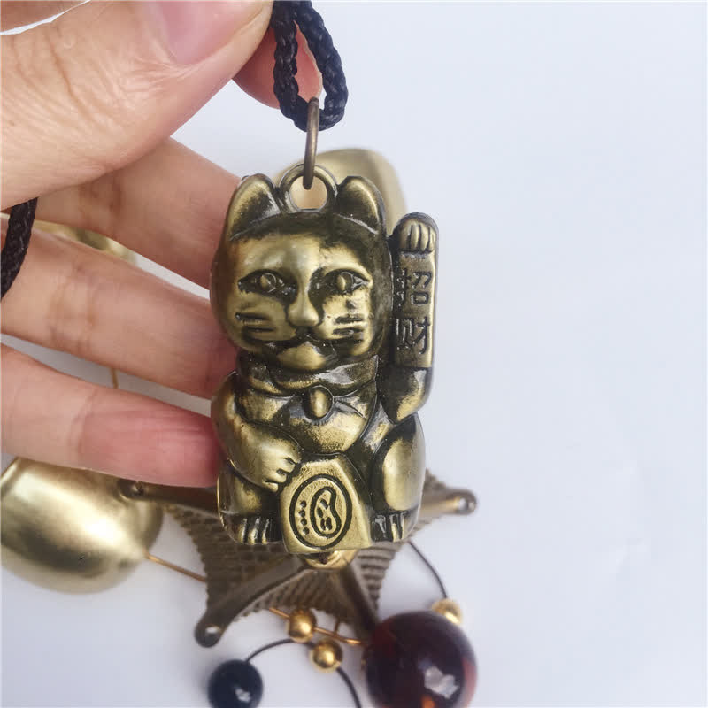 Nimara Ritual Auspicious Wealth Cat Wall Hanging Chime Bell Copper Luck Handmade Home Decoration