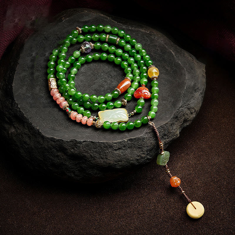 Nimara Ritual 108 Mala Beads Cyan Jade Red Agate Laughing Buddha Luck Bracelet