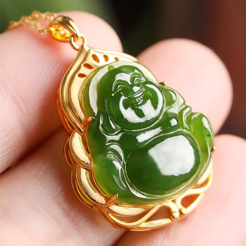 Nimara Ritual 925 Sterling Silver Natural Hetian Cyan Jade Laughing Buddha 18K Gold Healing Necklace Chain Pendant