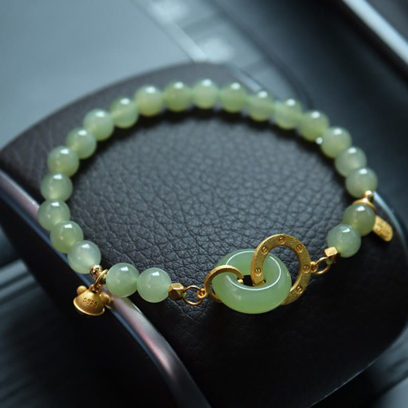 Nimara Ritual 925 Sterling Silver Plated Gold Natural Hetian Jade Bead Gourd Lotus Bamboo Fu Character Luck Bracelet