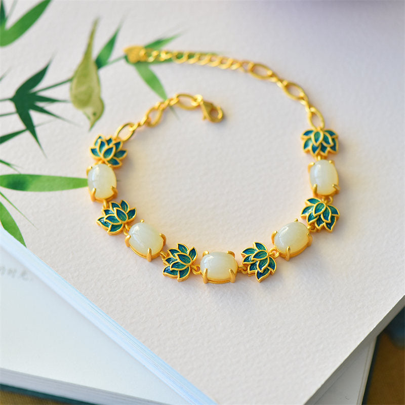 Nimara Ritual White Jade Cyan Jade Lotus Protection Bracelet