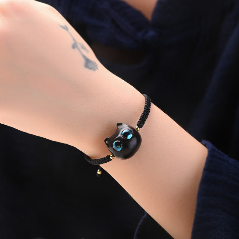 Nimara Ritual Small Leaf Red Sandalwood Ebony Wood Cute Cat Head Calm Protection Braided Bracelet