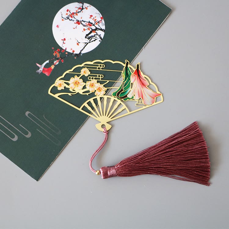 Nimara Ritual Traditional Butterfly Lotus Flower Crane Dragon Phoenix Fox Koi Fish New Beginning Metal Brass Hollow Fan Bookmarks