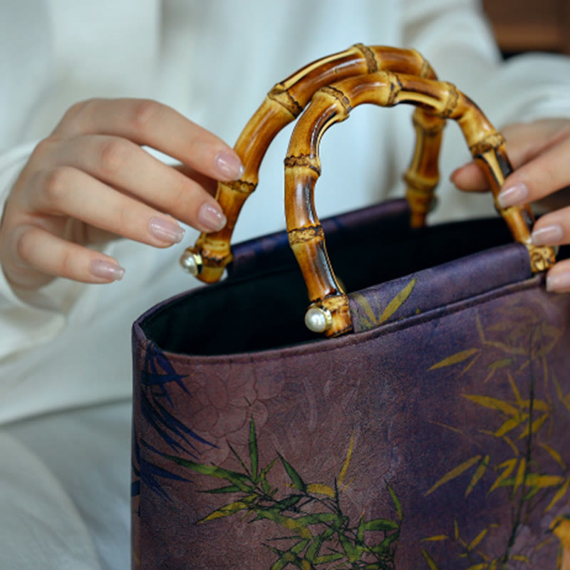 Nimara Ritual Purple Magpie Birds Branches Bamboo Handles Handbag