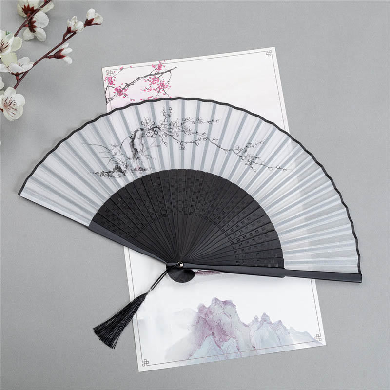 Nimara Ritual Mountains Plum Blossom Lotus Magpie Bamboo Leaves Handheld Silk Bamboo Folding Fan 22.5cm