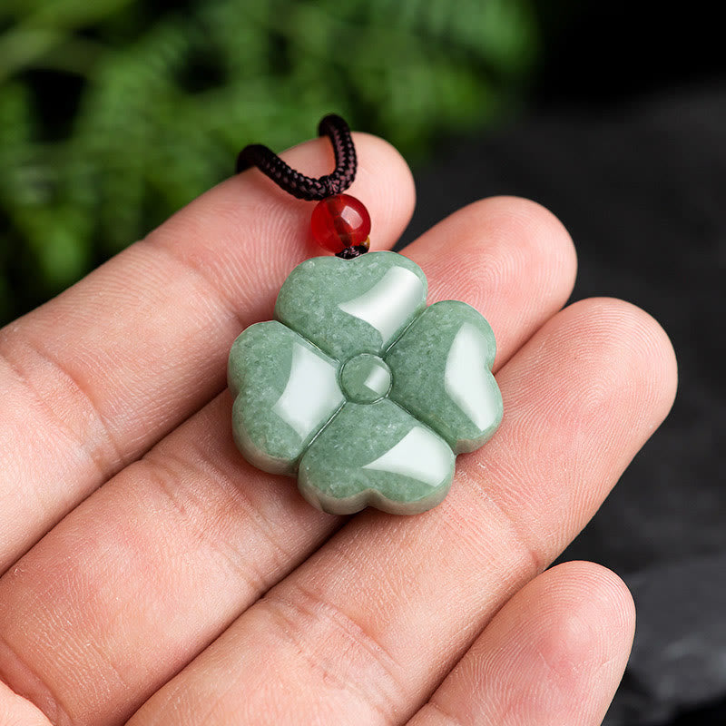 Nimara Ritual Natural Lucky Four Leaf Clover Jade Prosperity Necklace Pendant