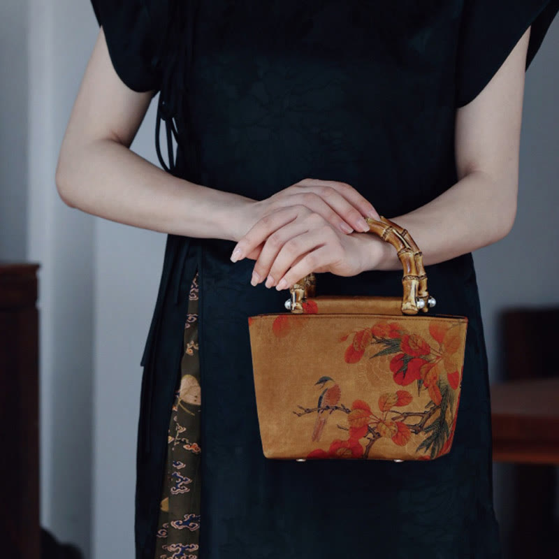 Nimara Ritual Yellow Bird Branches Green Peony Flower Bamboo Handles Handbag