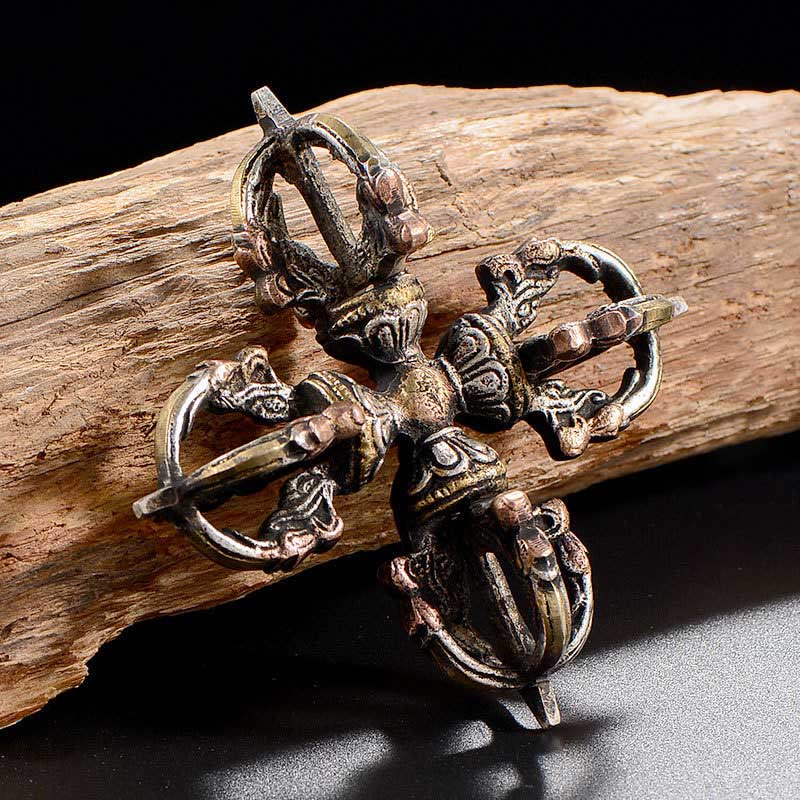 Nimara Ritual Tibetan Handmade 5 Prong Double Dorje Copper Iron Thunderbolt Strength Vajra