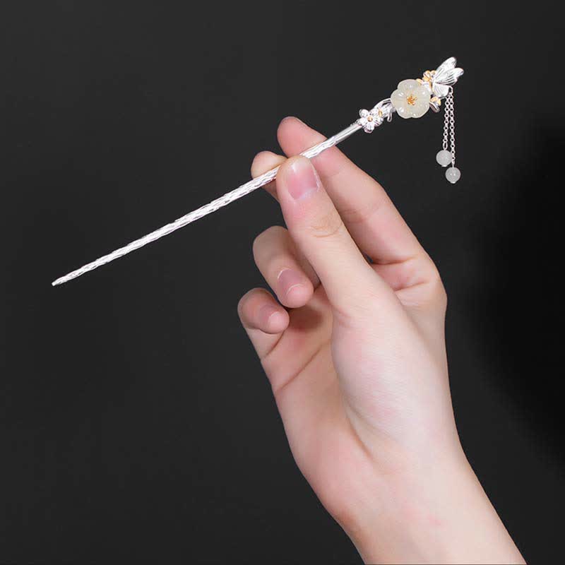 Nimara Ritual 925 Sterling Silver Hetian White Jade Flower Blessing Hairpin