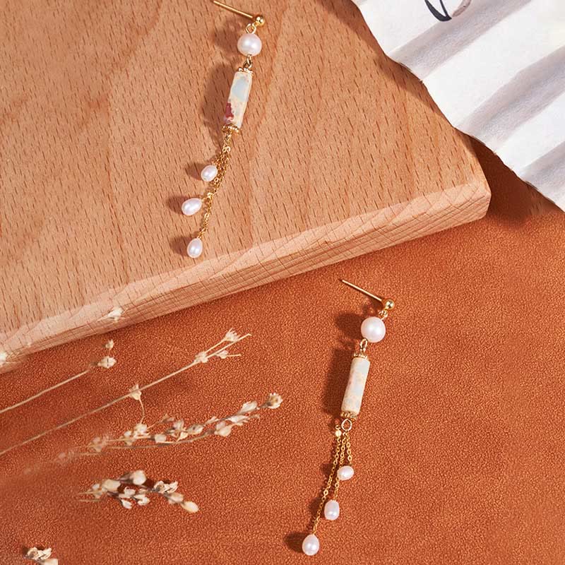 Nimara Ritual 925 Sterling Silver Posts Shoushan Stone Pearl Healing Drop Earrings