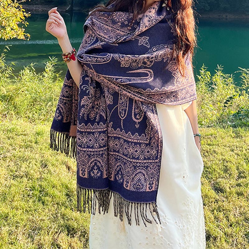Nimara Ritual Vintage Tibetan Leaves Pattern Design Shawl Cozy Travel Scarf Wrap