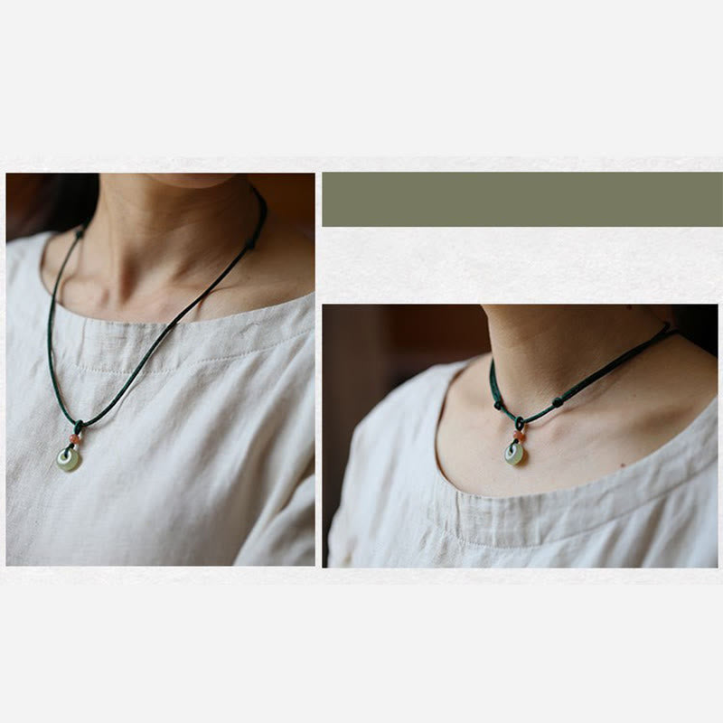 Nimara Ritual Natural Round Jade Peace Buckle Lotus Abundance String Necklace Pendant