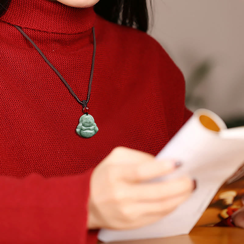 Nimara Ritual Natural Green Jade Laughing Buddha Luck Abundance Necklace Pendant