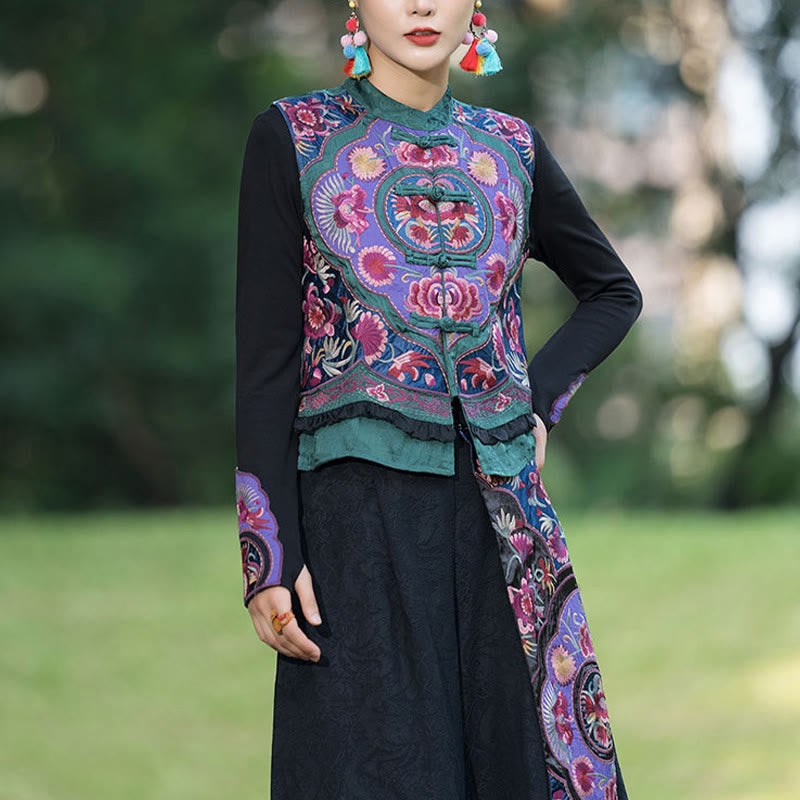 Nimara Ritual Frog-Button Embroidery Flowers Cotton Linen Tang Suit Design Sleeveless Vest