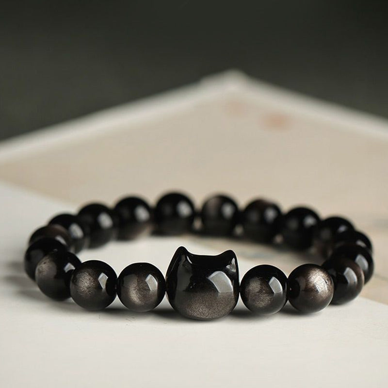 Nimara Ritual Gold Sheen Obsidian Silver Sheen Obsidian Lovely Paw Lucky Cat Protection Bracelet