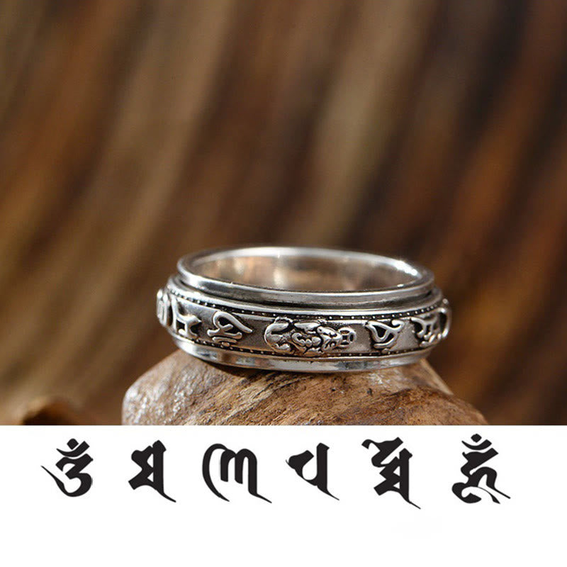 Nimara Ritual Tibetan Om Mani Padme Hum PiXiu Engraved Wealth Luck Rotatable Ring