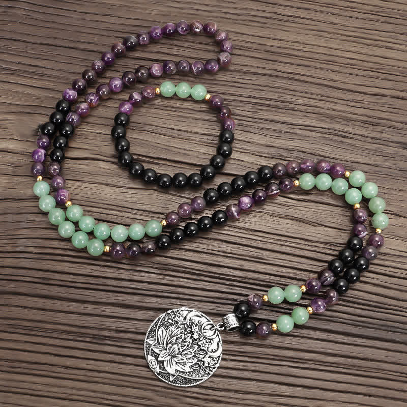 Nimara Ritual 108 Mala Beads Amethyst Green Aventurine Lotus Meditation Bracelet